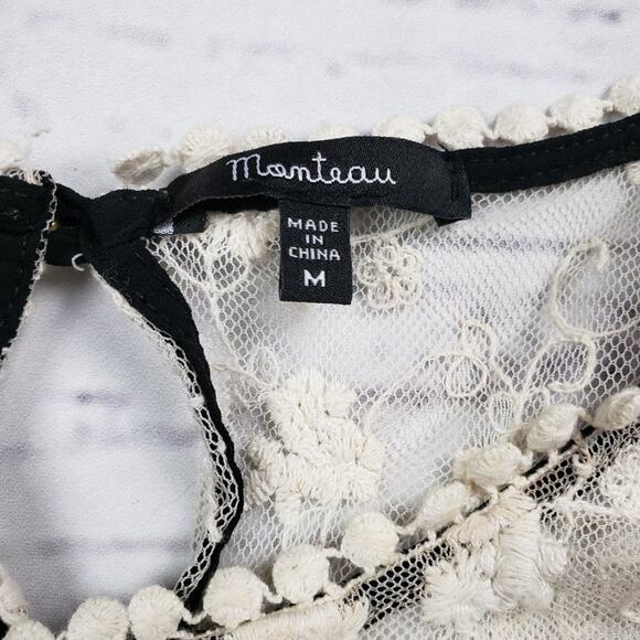 Monteau Black Ivory Lace Decorated Keyhole Back Blouse Women's Size Medium - Picture 5 of 7